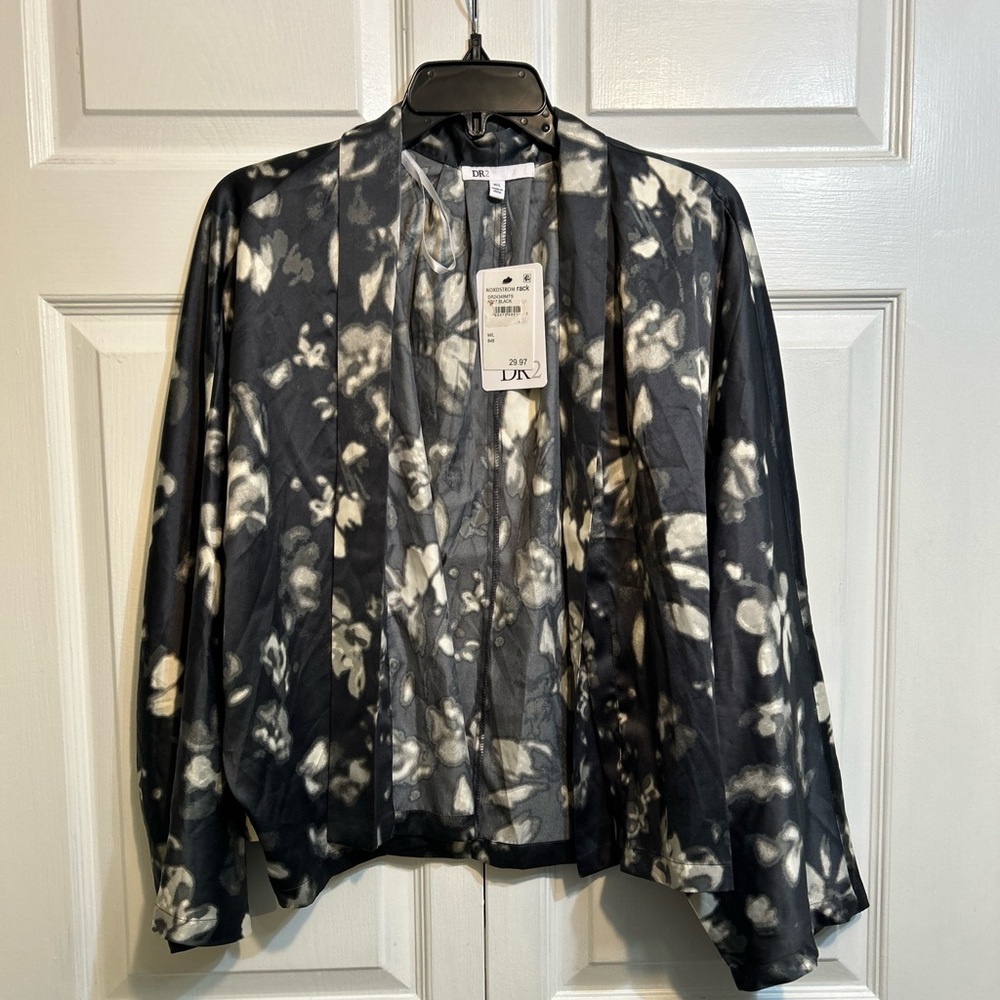 NWT DR2 Jacket Kimono Black Multi Floral Size M/L 3/4 Sleeve Open Front Top